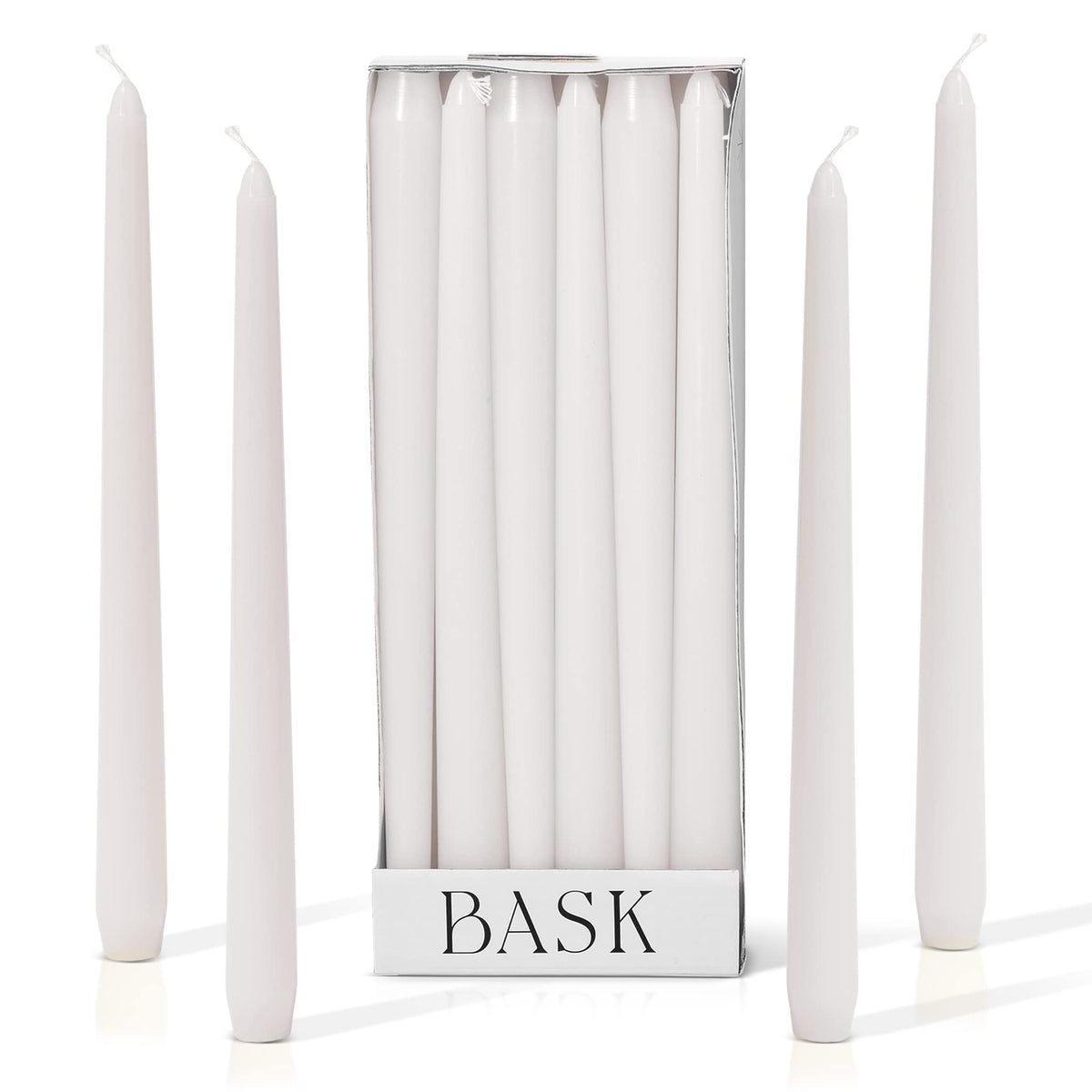Bask 10-inch Taper Candles - Unscented and Dripless - Burns for 8 Hours - Home Decor for Dinner Table, Kitchen, and Bedroom - Perfect for a Romantic Date or Anniversary - 12-Pack - White