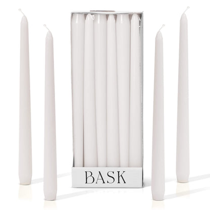 Bask 10-inch Taper Candles - Unscented and Dripless - Burns for 8 Hours - Home Decor for Dinner Table, Kitchen, and Bedroom - Perfect for a Romantic Date or Anniversary - 12-Pack - White
