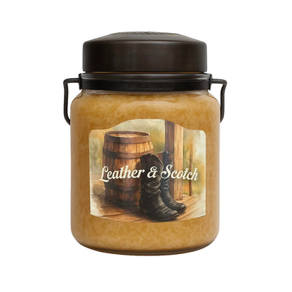 McCall’s Candles | Leather & Scotch | 16 oz Single-Wick Scented Candle | USA-Poured | Vintage Rustic Jar with Carrying Handles | Leather & Scotch Fragrance
