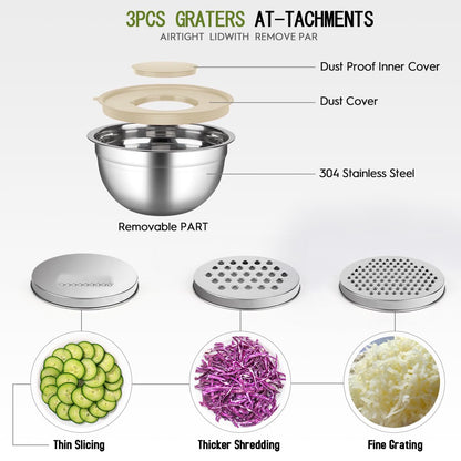 JUJOJB Mixing Bowls With Lids Set,Stainless Steel Mixing Bowls Set With 3 Grater,Metal Nesting Bowls For Kitchen Baking Refrigerator Meal Prep Food Storage Organizer,7 Size(Khaki)