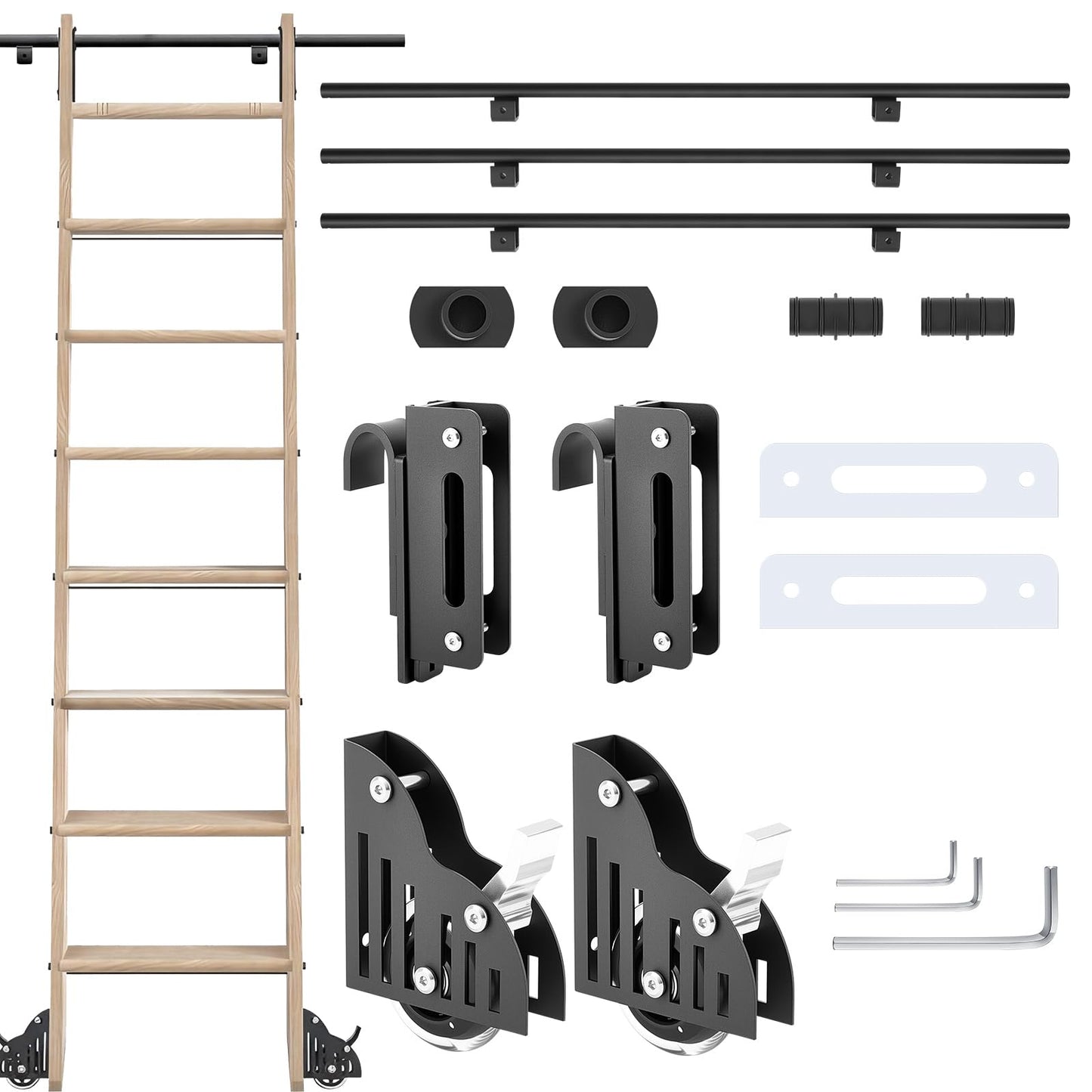 Zonon 10 ft Rolling Library Ladder Hardware Kit Includes Telescope Hook for Sliding Library Ladder 300lb Bottom Wheel with Brake Load Capacity for Stair Bookshelf Fit Thickness 1-1/8" Stepladder