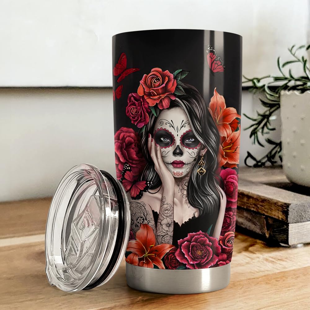 SANDJEST Sugar Skull Tumbler 20oz Stainless Steel Insulated Coffee Travel Mug Cup for Women Girls Gifts for Birthday Christmas Halloween