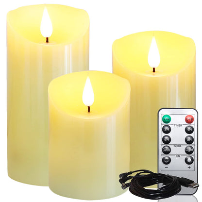 Lezonic Rechargeable Flickering Flameless Candles Battery Operated with Remote and Timer, Pack of 3(D 3'' X H 4''5''6'') Long Lasting Ivory White Real Wax LED USB Pillar Candles