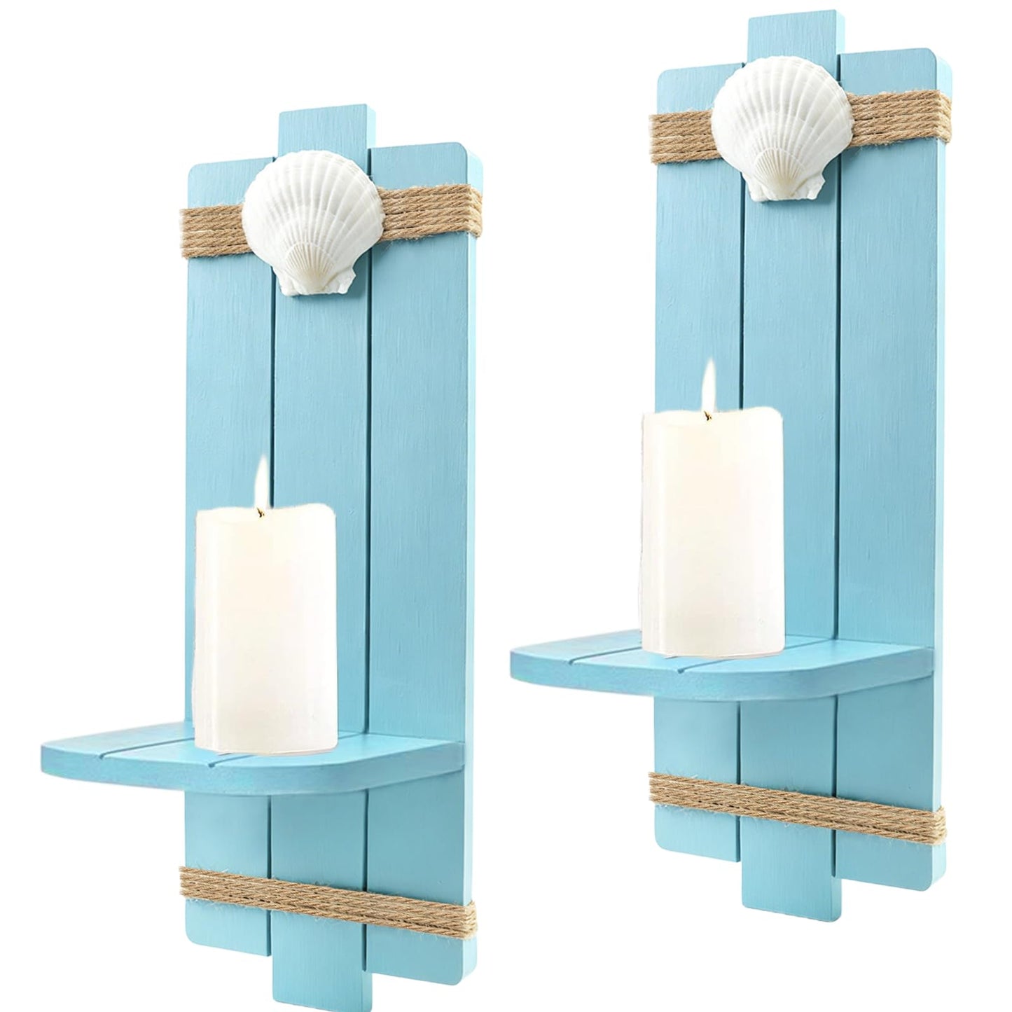 Meching Coastal Wall Candle Sconces Set of 2 Rustic Wooden Wall Mount Candle Holders Beach Shell Ocean Themed Decor Nautical Decorations for Bathroom, Living Dining Room Office﻿ (Blue)