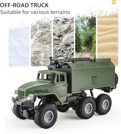GoolRC RC Military Truck 1:16 Scale 6WD Remote Control Car Off-Road RC Truck with LED Light and 2 Batteries All Terrain Army Transport Vehicle for Adults