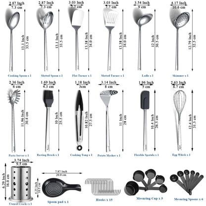 Stainless Steel Kitchen Utensils Set 40 Pieces, Cooking Utensil Set with Utensils Holder, Kitchen Gadgets Kitchen Essentials New Home, House, Appartment Must Have, Metal Spatula Set