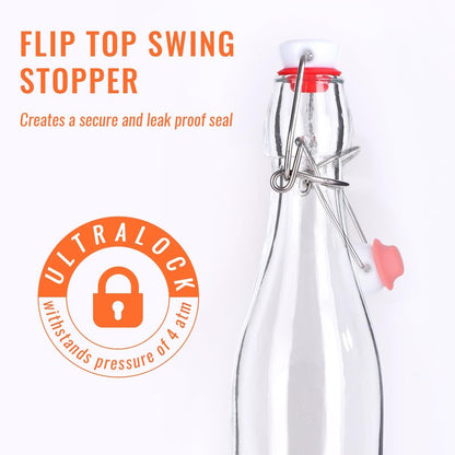 SZUAH 6-Pack 16oz Airtight Swing Top Glass Bottles – Heavy-Duty Reusable Bottles with Stopper for Home Brewing Kombucha, Beer, Vanilla Extract, Craft Sodas & More | Complete Brewing Kit