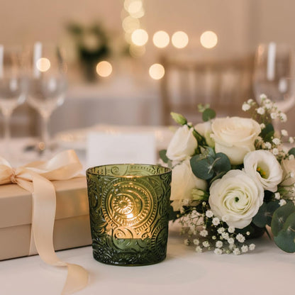 6 Pack Patented Sun Moon Star Embossed Glass Tea Light Candle Holders - Unique Votive Candle Holders for Wedding, Party, and Table Centerpieces (Moss Green)