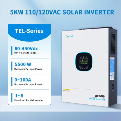 Ampinvt Solar Inverter 5000 Watt 48V to 120V, inbuilt 100A MPPT Solar Charger, Max PV Input 5500W 500Vdc,Off Grid Pure Sine Wave Inverter Support up to 6 in Parallel for Lead Acid Lithium Battery
