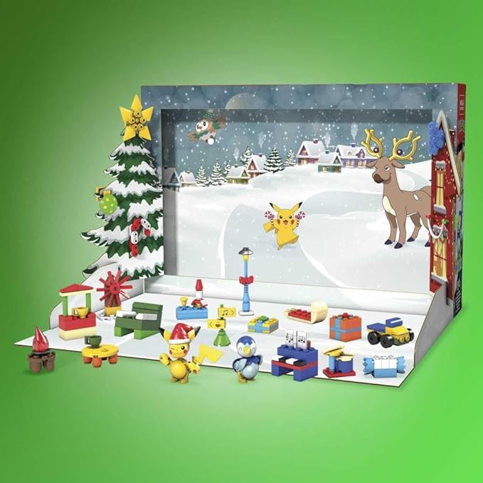 MEGA Pokémon Building Toys Set Holiday Calendar with 202 Pieces 2 Poseable Characters and Accessories for Kids