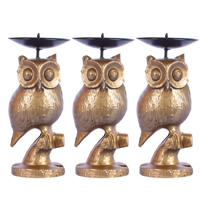 Gold Owl Candle Holder Set of 3 – Decorative Taper & Small Pillar Candlestick Holders for Table Centerpieces, Shelf & Living Room Décor