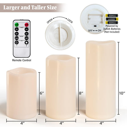 Lumeavetra 6" 8" 10" x 4" Large Waterproof Outdoor Flameless Candles Battery Operated LED Pillar Candles for Indoor Outdoor Lanterns, Off White, Long Lasting, Set of 3