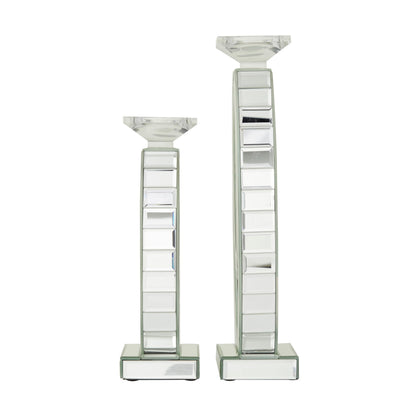 Deco 79 Glass Decorative Candle Holder Pillar Candle Stand with Mirrored Accents and Crystals, Set of 2 Candlestick Holder 17", 13" H, Silver