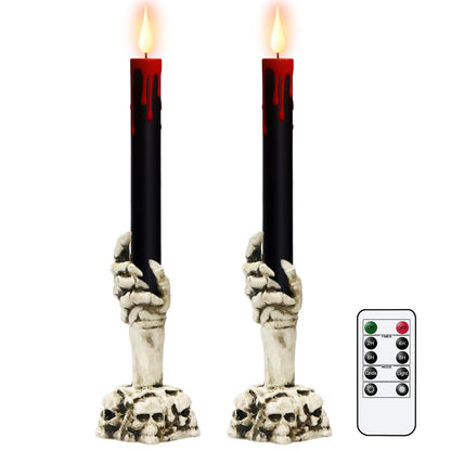 Lasumora Halloween Black Flameless Taper Candles Flickering with Remote Timer, Battery Operated Led Taper Candle, 2 Pcs Drip Wax Candlesticks with Skull Hand Candle Holder for Halloween Decorations