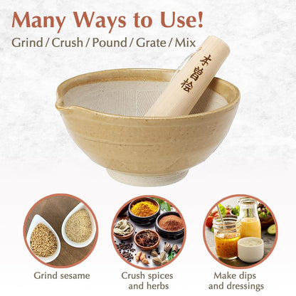 TIKUSAN Ceramic Ripple Ridge Mortar & Pestle (Suribachi & Surikogi) Set with Spout Made in Japan Mino Ware (Medium Brown)