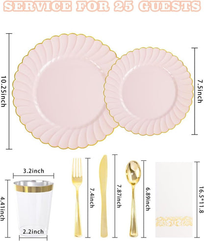 YOUBET 175PCS Pink Scalloped Plastic Plates - Gold Disposable Dinnerware Set Include 50 Plates, 75 Gold Silverware, 25 Cups, 25 Napkins for Party & Wedding & Baby Shower Mothers Day
