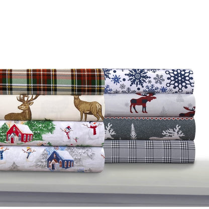 Plaid Reindeer Printed Flannel 170-GSM Solid DP Sheet Set QUEEN