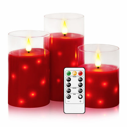 Nimiko Real Wax Flameless Candles Glass,Battery Operated LED Candles with Flickering Flame,Glass Shell,Interior Star Light Decoration Set of 3 Red (D3×H 4" 5" 6") for Home Decor,Holiday Decoration