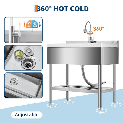 GarveeTech 35 in Freestanding Stainless Steel Utility Sink with Pull-Out Faucet, Adjustable Height Laundry Tub with Hot & Cold Water, Basket, Shelf & Drain Kit for Kitchen, Garage, Outdoor, Basement