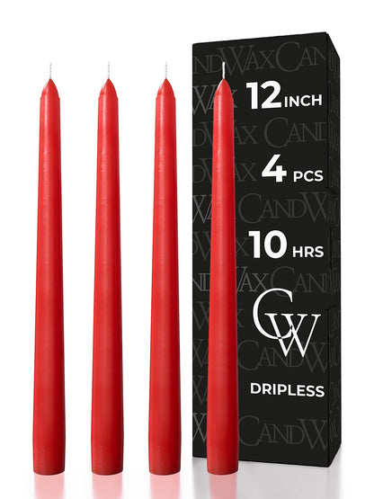 CANDWAX 12 inch Red Taper Candles Set of 4 - Dripless and Long Burning Candlesticks - Perfect as Red Long Candlesticks for Dinner or Holiday Home Decor - Taper Candle Sticks