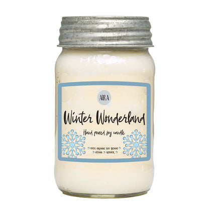 Aira Soy Candles - Organic, Kosher, Vegan, in Mason Jar w/Therapeutic Grade Essential Oil Blends - Hand-Poured 100% Soy Candle Wax - Paraffin Free, Burns 110+ Hours - Winter Wonderland - 16 Ounces