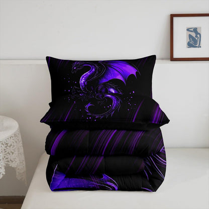 Feelyou Kids Purple Black Ombre Comforter Set Queen Size, Dragon Bedding Set Chinese Dragon Comforter for Kids Boys Girls Animal Duvet Insert Room Decor Bed Set 3Pcs