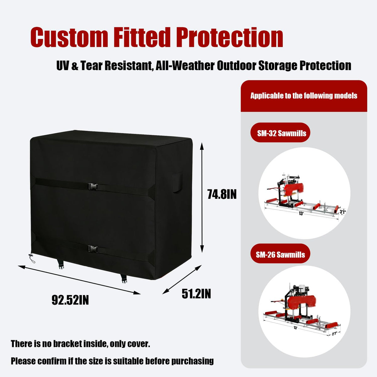 Sawmill Cover, Heavy Duty Black, Portable Custom Fitted for SM-26 & SM-32 – Waterproof, UV & Tear Resistant, All-Weather Outdoor Storage Protection-Only Cover