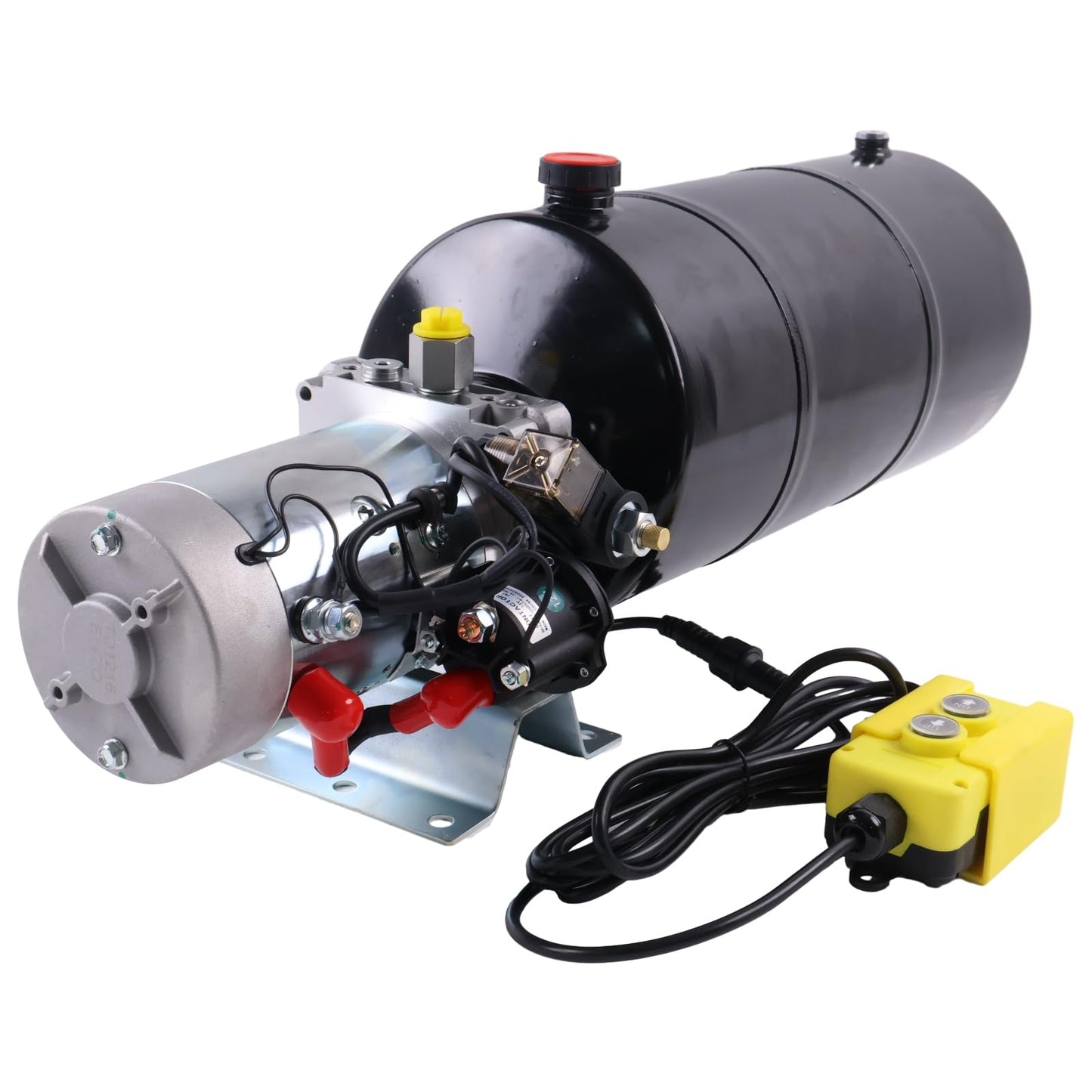 Solarhome 12V DC Single Acting Hydraulic Power Unit 1.6KW 2600PSI 1.1GPM Steel Tank 12 Quart(3 Gal) with Remote Control 8Ft Long Flange with 4 Holes Through SAE 8 Ports