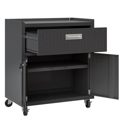 Manhattan Comfort Fortress Rolling Garage Storage Cabinet with Drawer & Adjustable Shelves, Lockable Metal Compartment for Tools, Heavy-Duty Mobile Utility Organizer with Wheels, Charcoal Gray