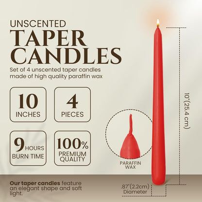 Axiom Candles - Red Taper Candles - 10 Inch Dripless Smokeless Tall Candle Sticks - 9 Hour Burn Time - Tapered Candles for Home, Dinners, Weddings, Parties (Pack of 10)