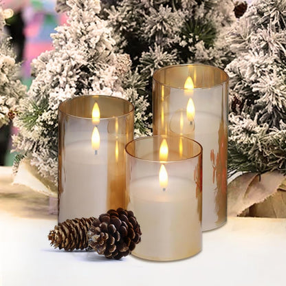 CANDLE CHOICE Real Wax Battery Operated Flameless Pillar Candles with Auto Timer Gold Glass Shell Realistic Black Wick Flickering Electric LED Lights for Wedding Halloween Christmas Decorations 3 Pack