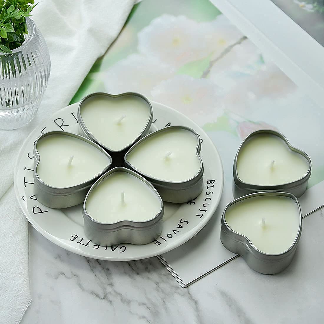 DEYBBY Jasmine Scented Soywax Tealight Candles, White Heart Shaped Aromatherapy Candles Gifts Tins for Women, Mother, Wife, Lover (Pack of 6)
