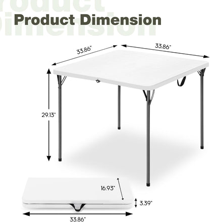 34" Square Folding Table - Heavy-Duty Steel Legs & HDPE Top | Portable 4-Person Picnic Table, White