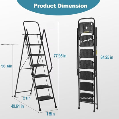 KEIKI 6 Step Ladder, 6FT Tall Step Tool Ladders Foldable with Handrails & Tray, Folding Iron Stool Stepladder for Home Kitchen, Outdoor Sturdy Non-Slip Wide Pedals Load-Bearing 330 lbs, Black