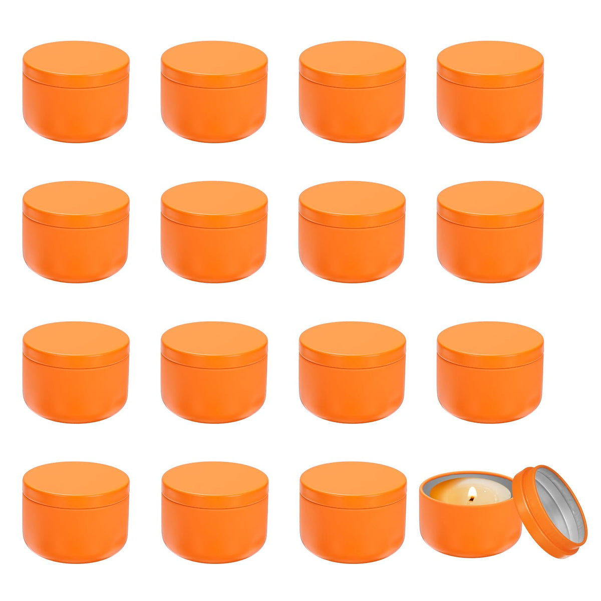 MECCANIXITY 3oz Candle Tins, 16pcs Metal Candle Tins Jars with Lids Round Empty Tin Can Containers Bulk for Storage Tea and Making DIY Arts Crafts Christmas Gifts, Orange