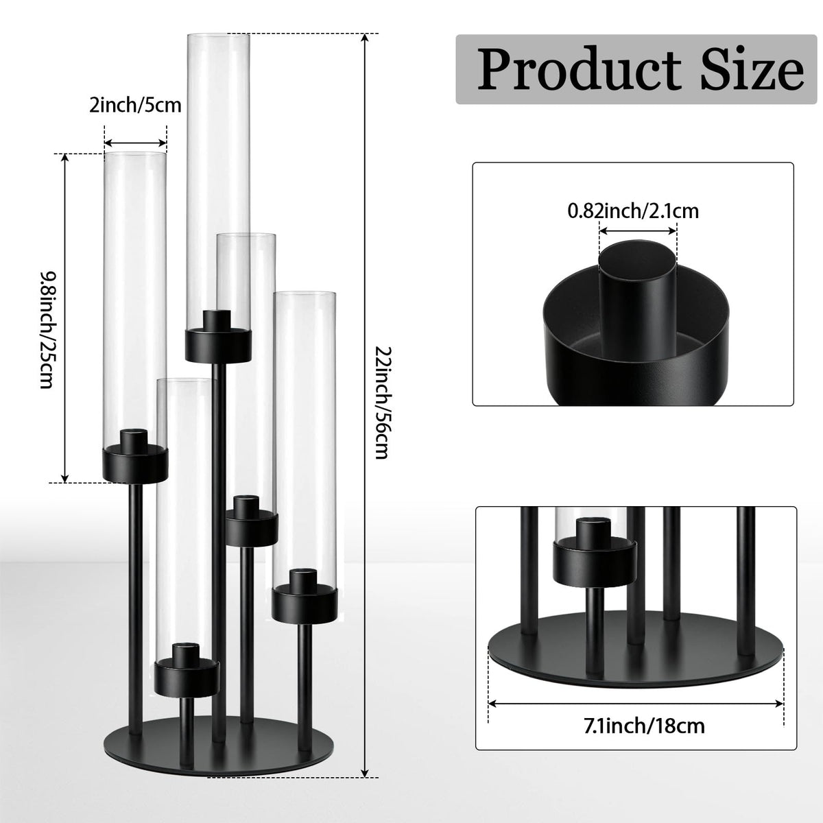 KEHAIL 2Pcs 5-Arm Black Metal Table Candelabra Centerpiece, 22" Tall Acrylic Clear Candlesticks Holder with Shade for Valentines Day Events Party Table Centerpiece,Fit LED Candles