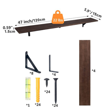 Huiyiaus Long Floating Shelves for Books,Wall Hanging Bookshelf Set of 4,Rustic Wall Mount Book Shelf Wood Extra Large for Livingroom Bedroom Kitchen Bathroom Home Office Decor,47 Inches(Dark Brown)