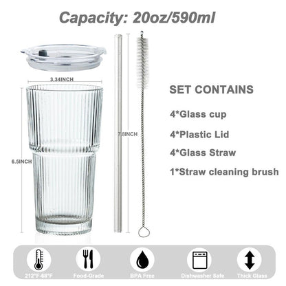 wangsdjy 20oz Ribbed Drinking Glasses with Lids and Glass Straws-Thickened Glass cup -Vintage glass straw cups- Ideal for Iced Coffees, Cocktails, Juices, Family Use and Parties (4)