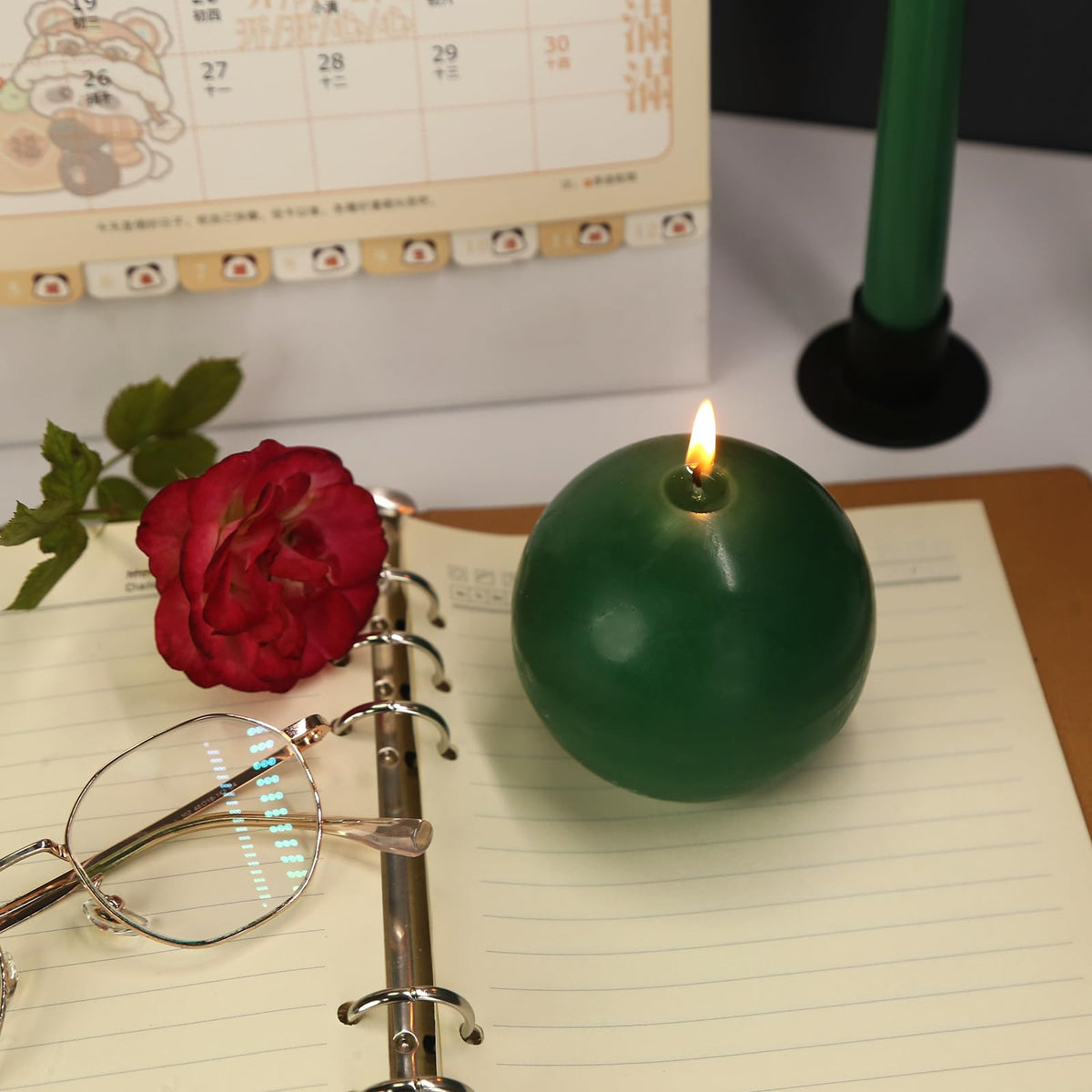 Ball Pillar Candles Set of 3 Green 3 Inch Unscented Handpoured Weddings, Home Decoration, 75 Hour