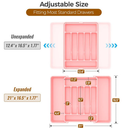 ukeetap Extra Large Expandable Silverware Organizer, BPA-Free Food-Safe Cutlery Flatware Organizer, Kitchen Utensil Drawer Organizer, Adjustable Silverware Holder for Spoons Forks Knives, Pink