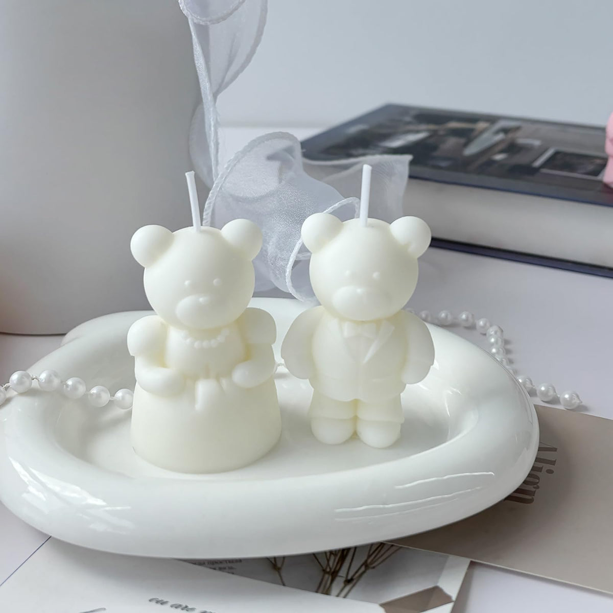 Mr & Mrs Wedding Bear Scented Candle Duo,Bride in Gown & Groom in Tuxedo Soy Wax Decorative Candle Set for Bridal Shower,Anniversary & Home Decor,Romantic Home Fragrance Gift for Couples & Newlyweds