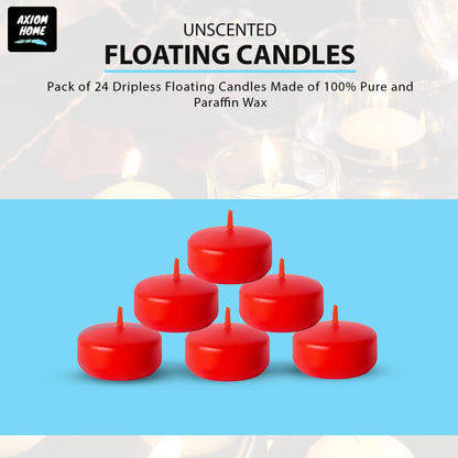Axiom Red Floating Candles for Centerpieces - Floating Candle 2 inch Hand-Rolled Paraffin, Cotton Wicks, 4-Hour Clean Burn (Red (Unscented), 24 Count)
