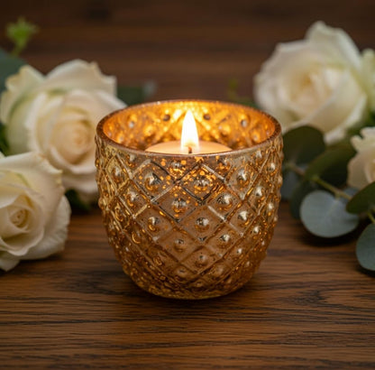 Hosley Set of 6 Antique Gold Speckled Metallic Glass LED Votive Tealight Candle Holder 2.75 Inches Ideal for Bridal Weddings Parties Special Events Spa Aromatherapy Mini Flower Pots O3