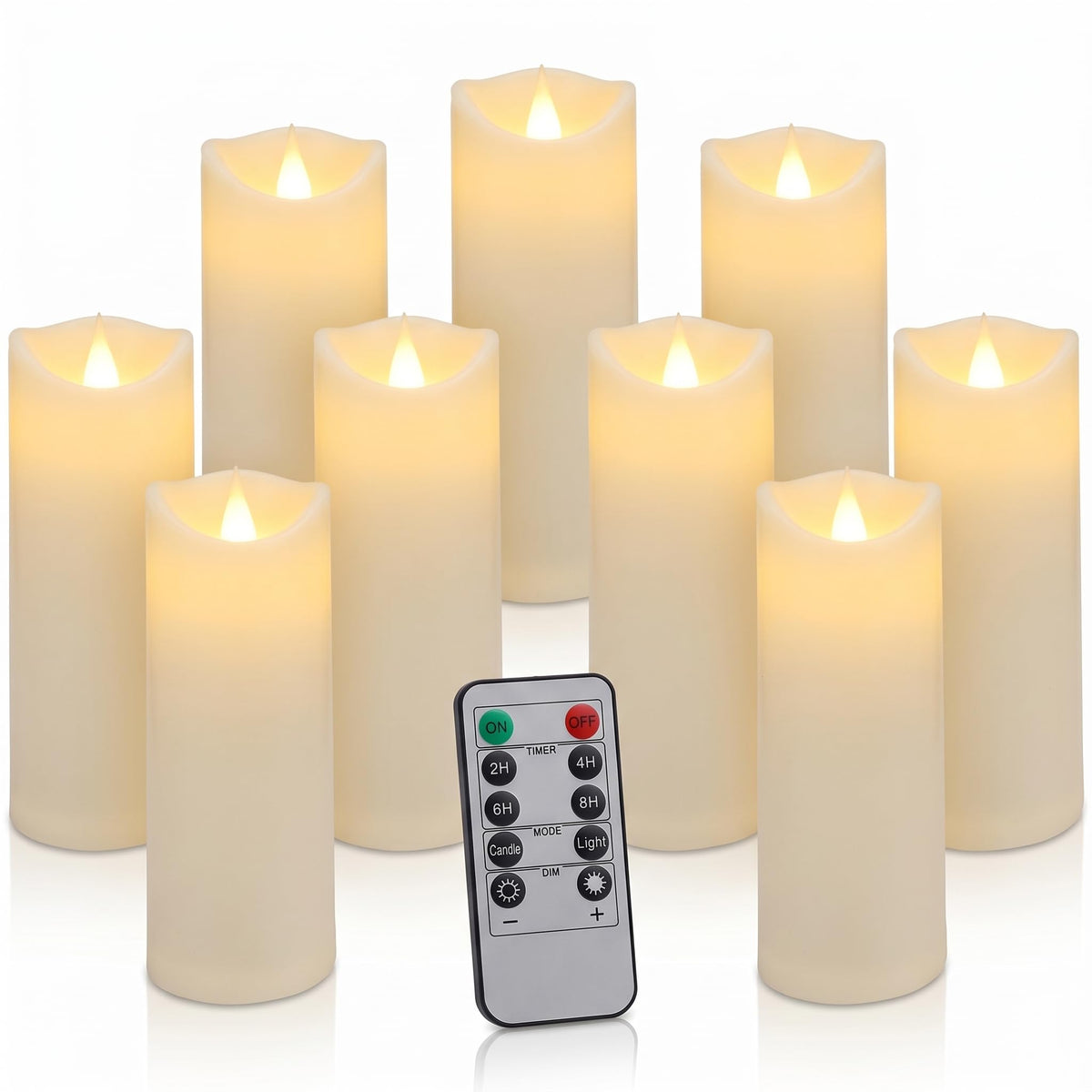 Enido 9pcs Flameless Candles with Remote, 2.2" x 5/6/7" Heat-Resistant Plastic LED Pillar Candles, Battery Operated Moving Wick Fake Candles with Timer, Realistic for Wedding, Outdoor, Home Decor
