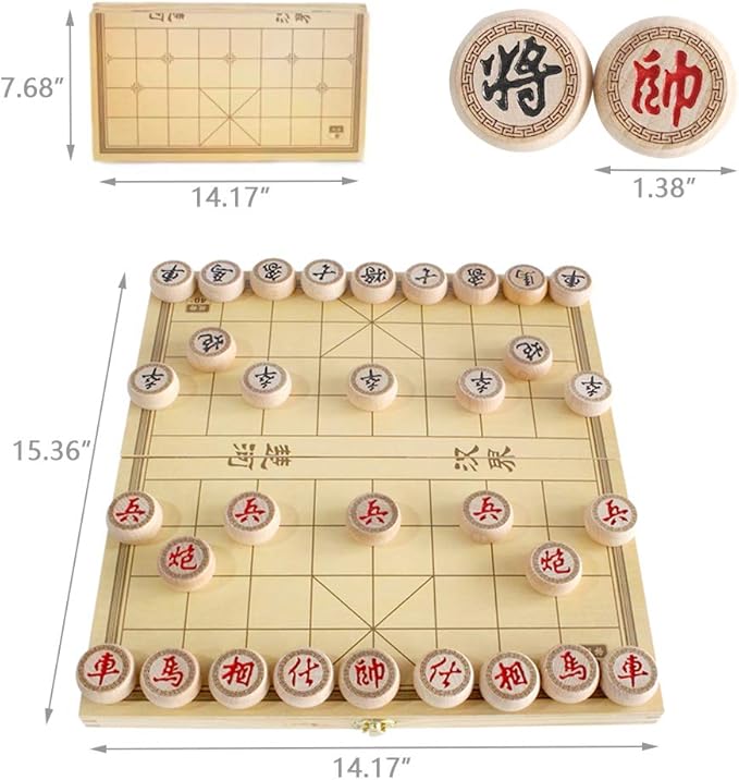 14 Inch Wooden Foldable Chinese Chess Xiangqi Travel Game Set with Wooden Chess Pieces Traditional Tabletop Strategy and Skill Game for Teens Adults