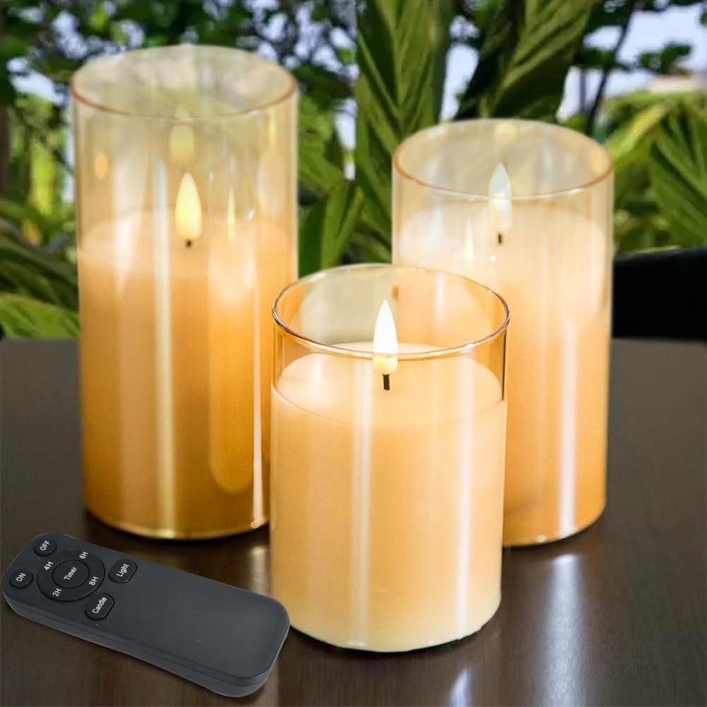 CANDLE CHOICE Real Wax Battery Operated Flameless Pillar Candles with Auto Timer Gold Glass Shell Realistic Black Wick Flickering Electric LED Lights for Wedding Halloween Christmas Decorations 3 Pack