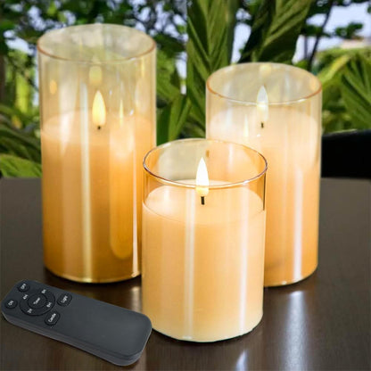 CANDLE CHOICE Real Wax Battery Operated Flameless Pillar Candles with Auto Timer Gold Glass Shell Realistic Black Wick Flickering Electric LED Lights for Wedding Halloween Christmas Decorations 3 Pack