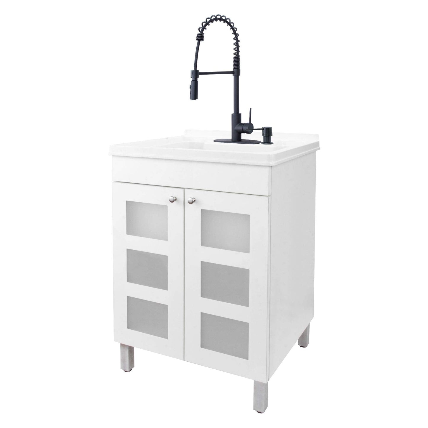 White Utility Sink in White Vanity, Matte Black Pull-Down Coil Faucet, Soap Dispenser and Spacious Cabinet by JS Jackson Supplies for Garage, Basement, Shop and Laundry Room