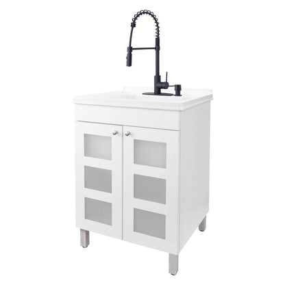 White Utility Sink in White Vanity, Matte Black Pull-Down Coil Faucet, Soap Dispenser and Spacious Cabinet by JS Jackson Supplies for Garage, Basement, Shop and Laundry Room