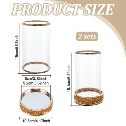 BEUNITONE 2PCS Gold Candle Holder, Hurricane Glass Candle Holders, 4.2 x 6.3 Elegant Pillar Candle Holders, Metal Candlesticks Holder with Candle Jars for Coffee Dining Table, Wedding Centerpieces